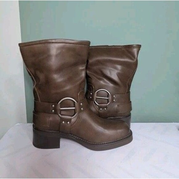 Women Mid Calf Boots PU Square Toe Motorcycle Adjustable Buckles Riding 8.5 & 9 - Picture 6 of 14